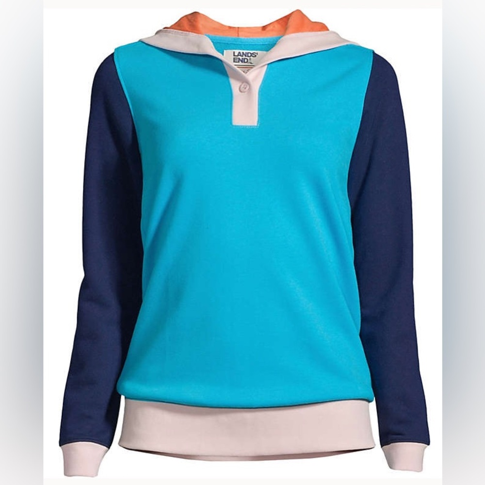 Land’s End Serious Sweats Button Hoodie Island Turquoise Colorblock Women’s M P